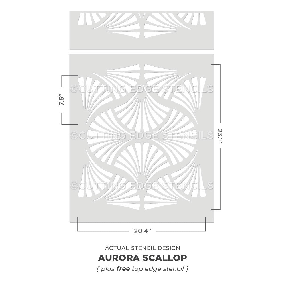 Aurora Scallop stencil design with dimensions on a white background