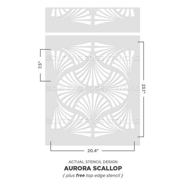 Aurora Scallop stencil design with dimensions on a white background