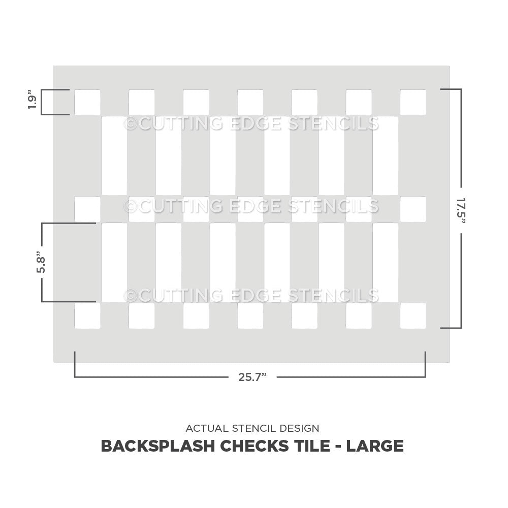 Backsplash Checks Tile stencil design with dimensions on a white background