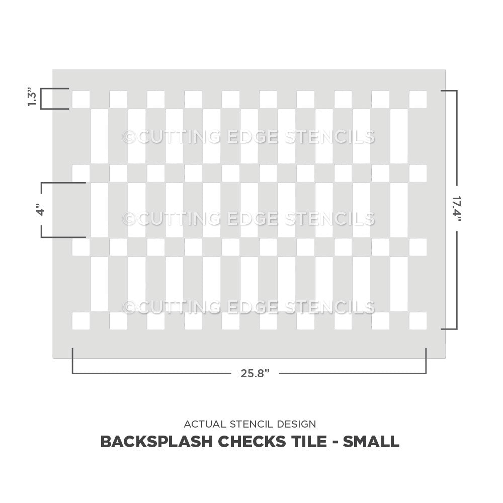 Stencil design for backsplash checks tile with dimensions on a white background