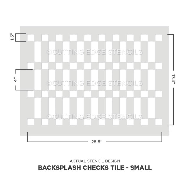 Stencil design for backsplash checks tile with dimensions on a white background