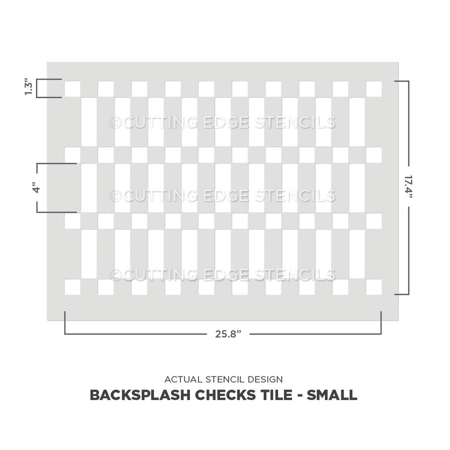 Stencil design for backsplash checks tile with dimensions on a white background
