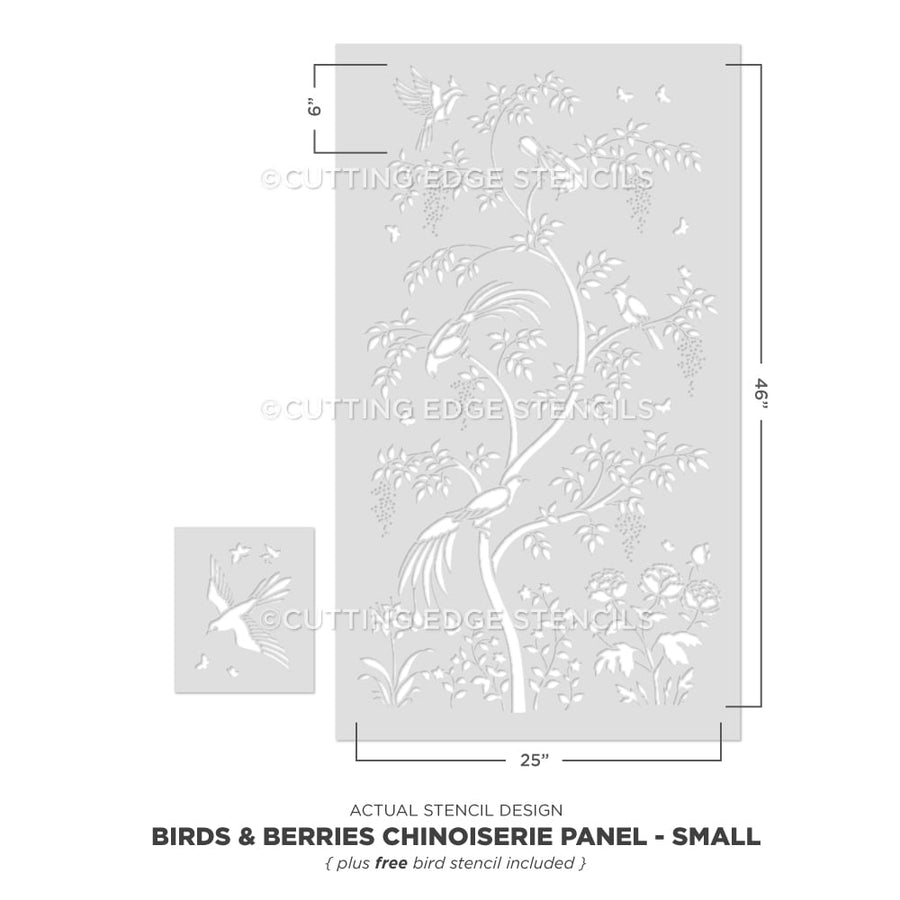 Chinoiserie stencil birds berries actual design small panel