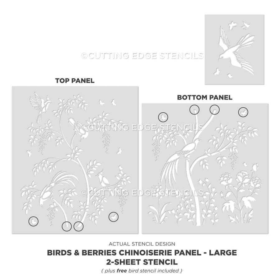 Chinoiserie stencil birds berries actual design large panel