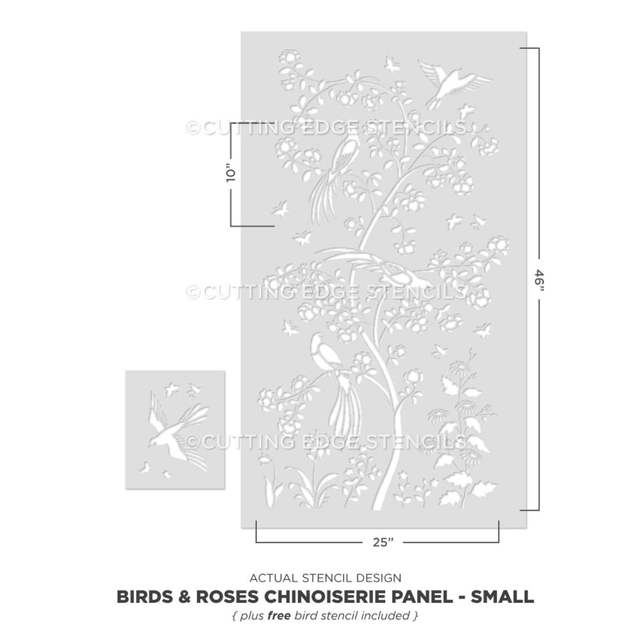 Chinoiserie stencil birds roses actual design small panel