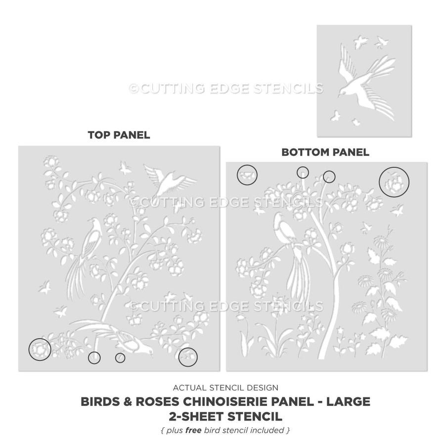 Chinoiserie stencil birds roses actual design large panel