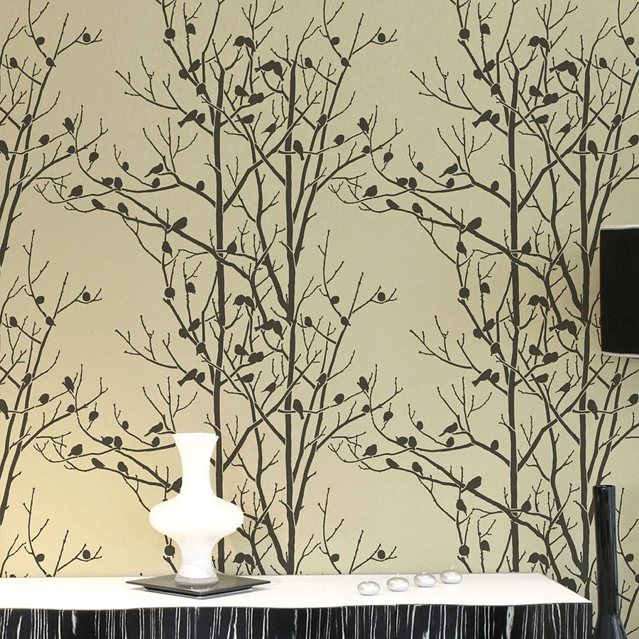 black bird stencil with branches birds in trees wall stencil allover