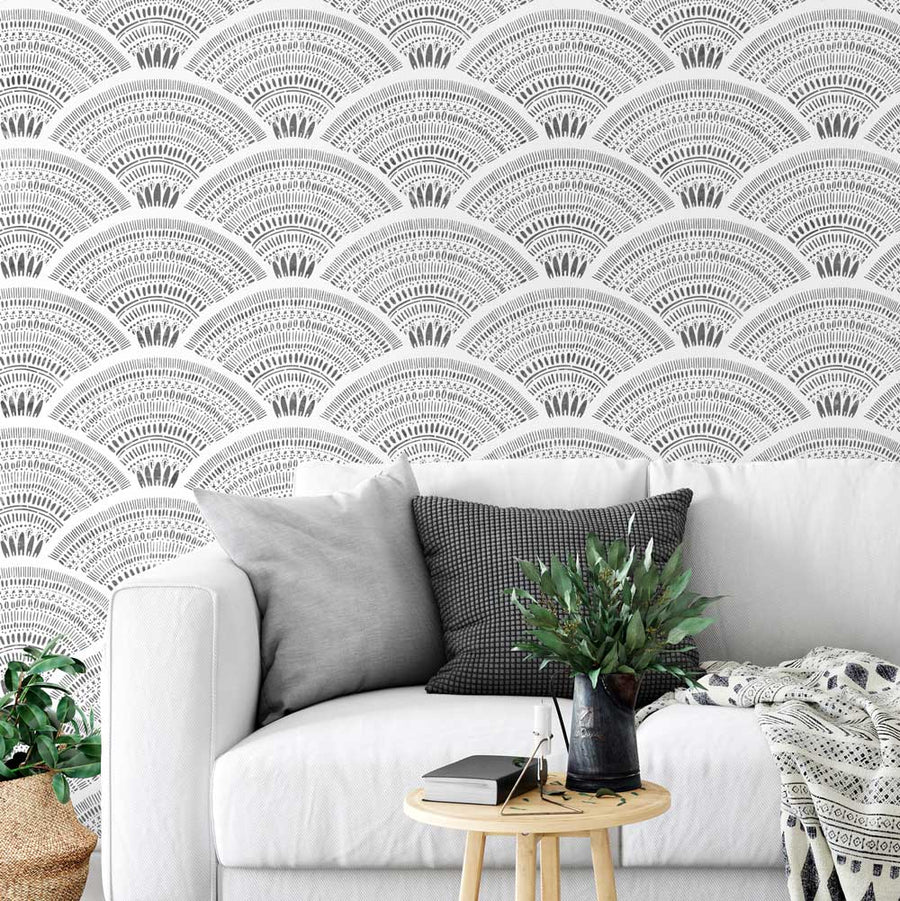 Boho Fans Wall Stencil in Charcoal Living Room
