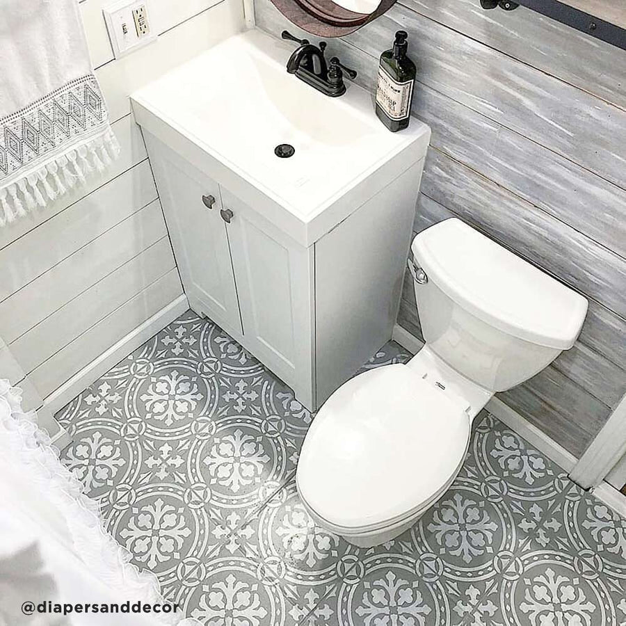 stenciled cement tile bath