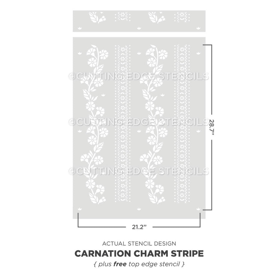 Carnation Charm Stripe stencil with dimensions on a white background