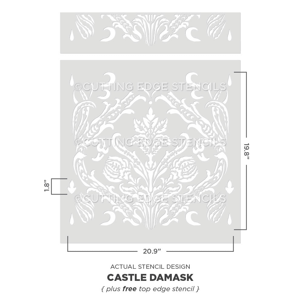 Castle Damask stencil with dimensions on a white background