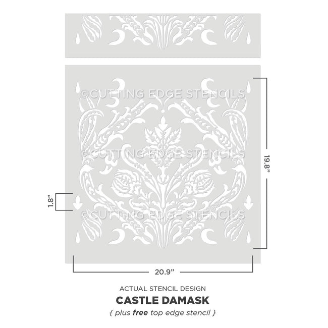 Castle Damask stencil with dimensions on a white background