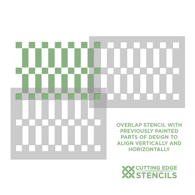 Two grid stencils, one green and one gray, on a white background with text and brand logo.