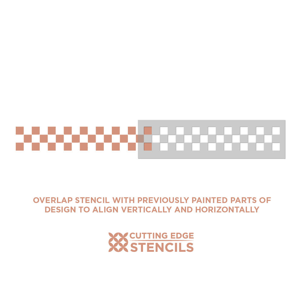 Stencils with checkered pattern and text on a white background