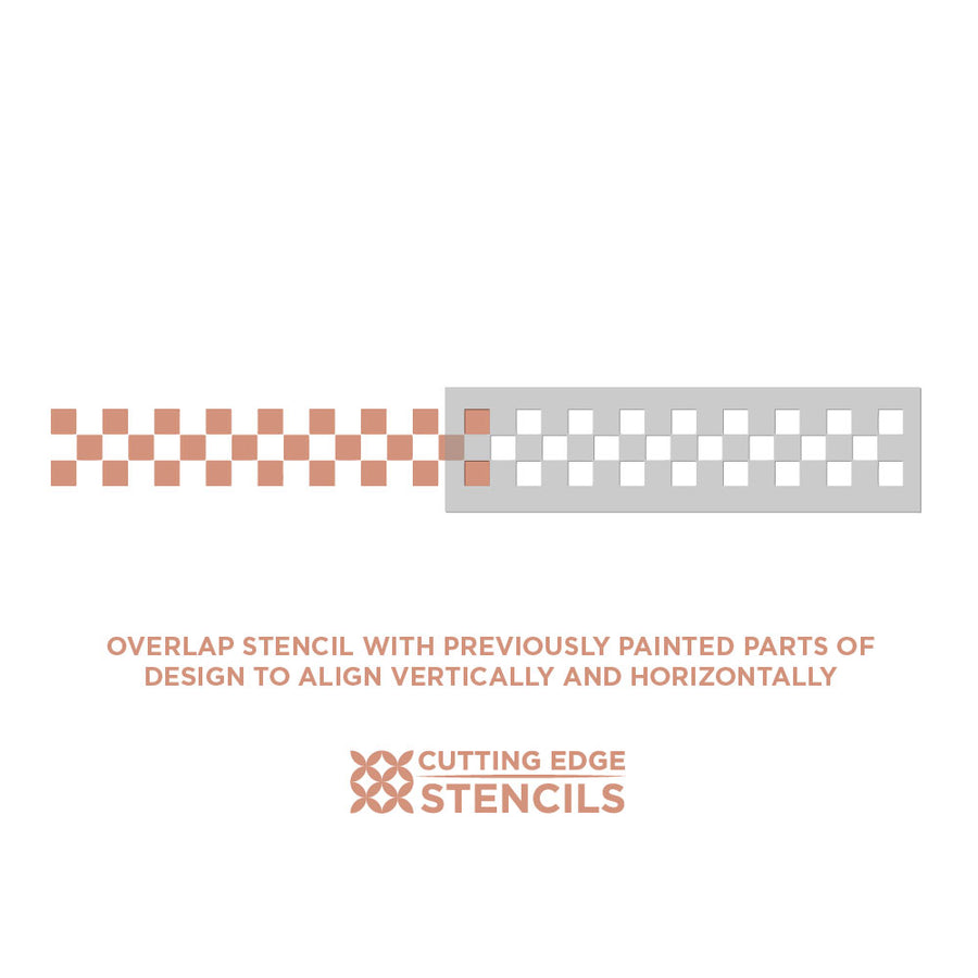 Stencils with checkered pattern and text on a white background