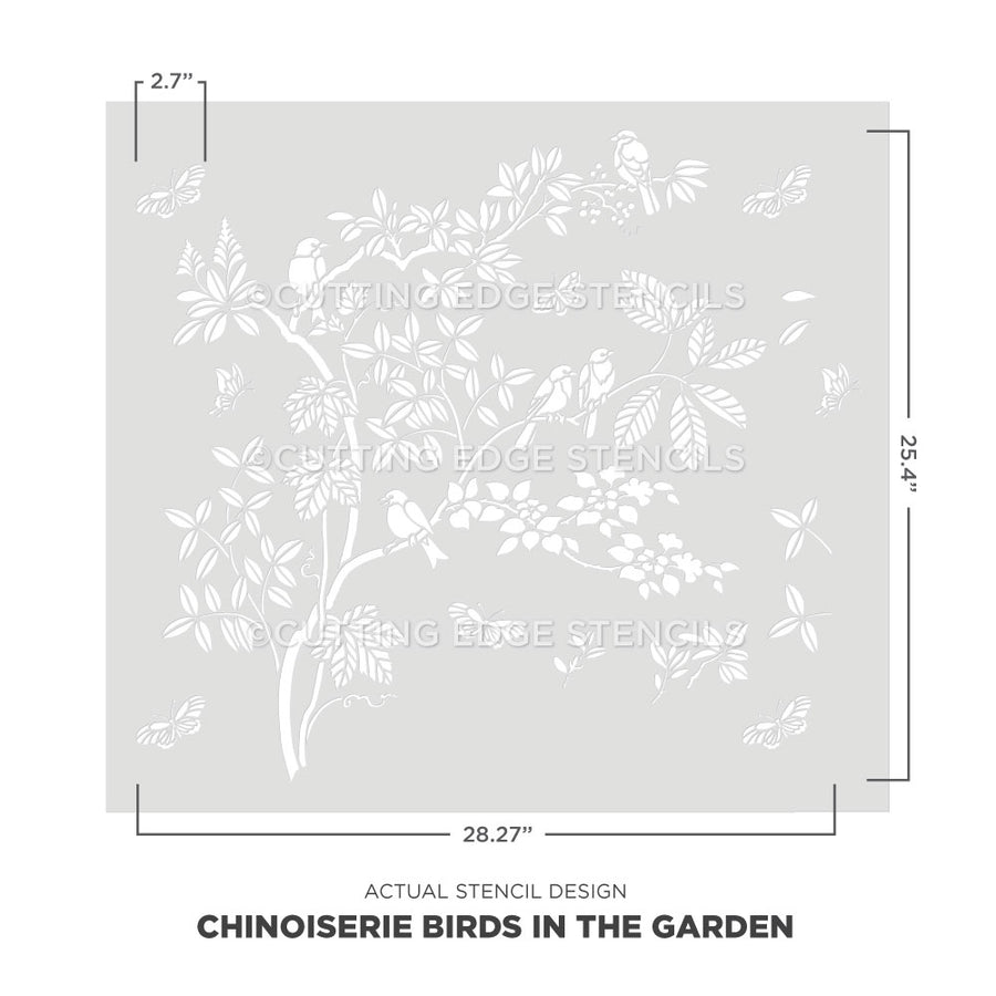 actual representation of the chinoiserie birds in the garden wall stencil 