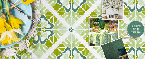 Decorative green and white stenciled tiles with a collage of additional stenciled rooms with green decor