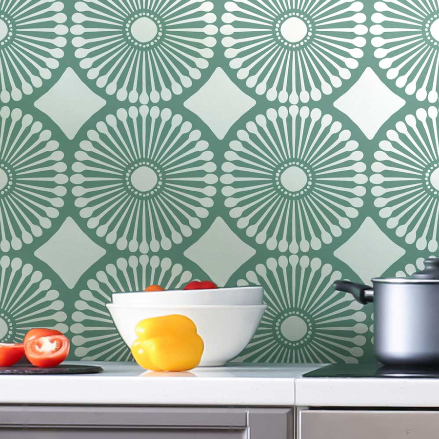 kitchen wall stencil daisy green wall tile design