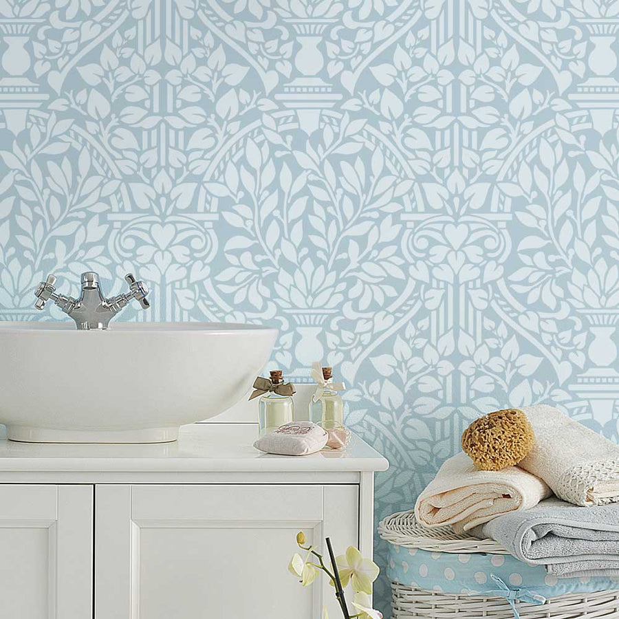 blue bathroom earl west damask wall stencil classic design white accents