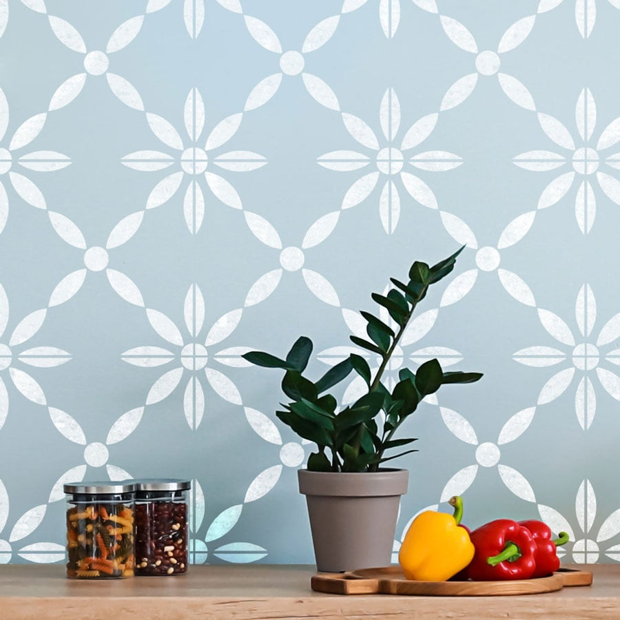 blue wall florabella tile stencil kitchen stencil