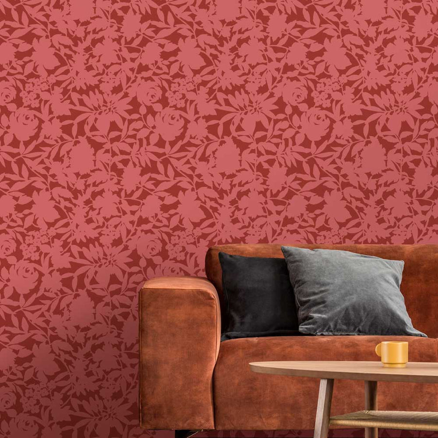 red living room pink stencil orange couch flower stencil floral dance allover
