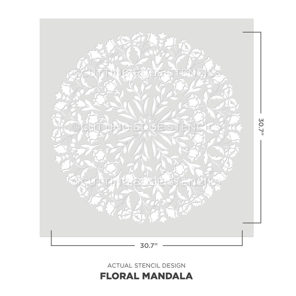 Large Floral mandala stencil with dimensions on a white background