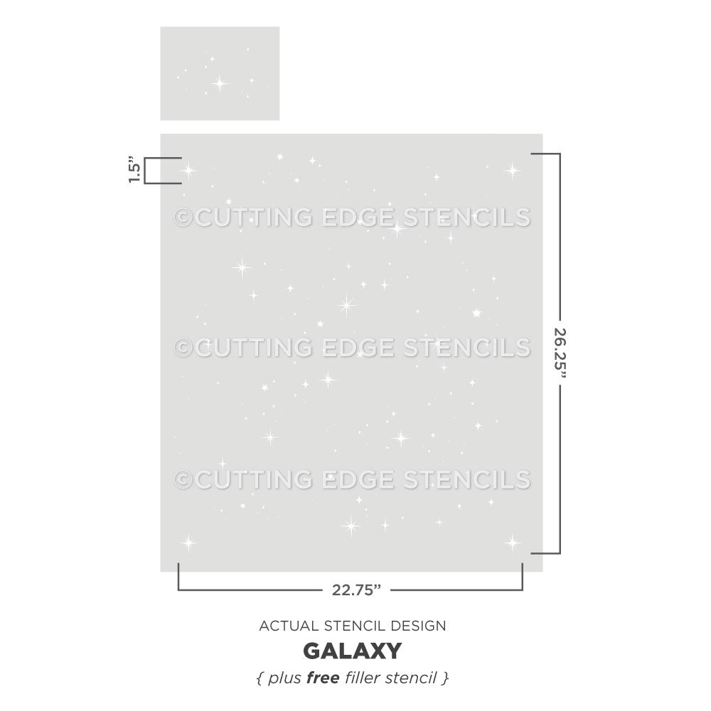 Galaxy-themed stencils with dimensions and brand name on a white background