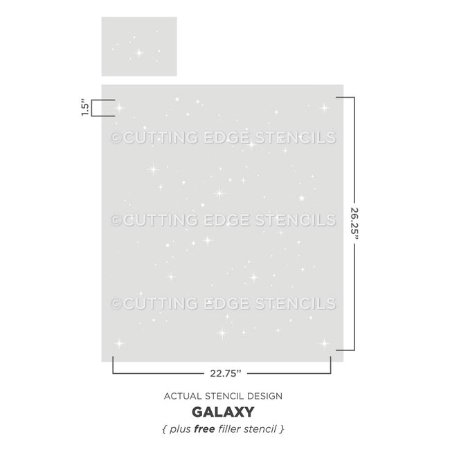 Galaxy-themed stencils with dimensions and brand name on a white background