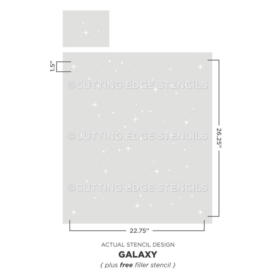 Galaxy-themed stencils with dimensions and brand name on a white background