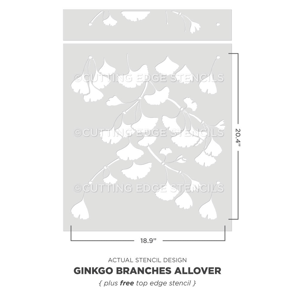 graphic with dimensions for the ginkgo branches allover stencil from cutting edge stencils