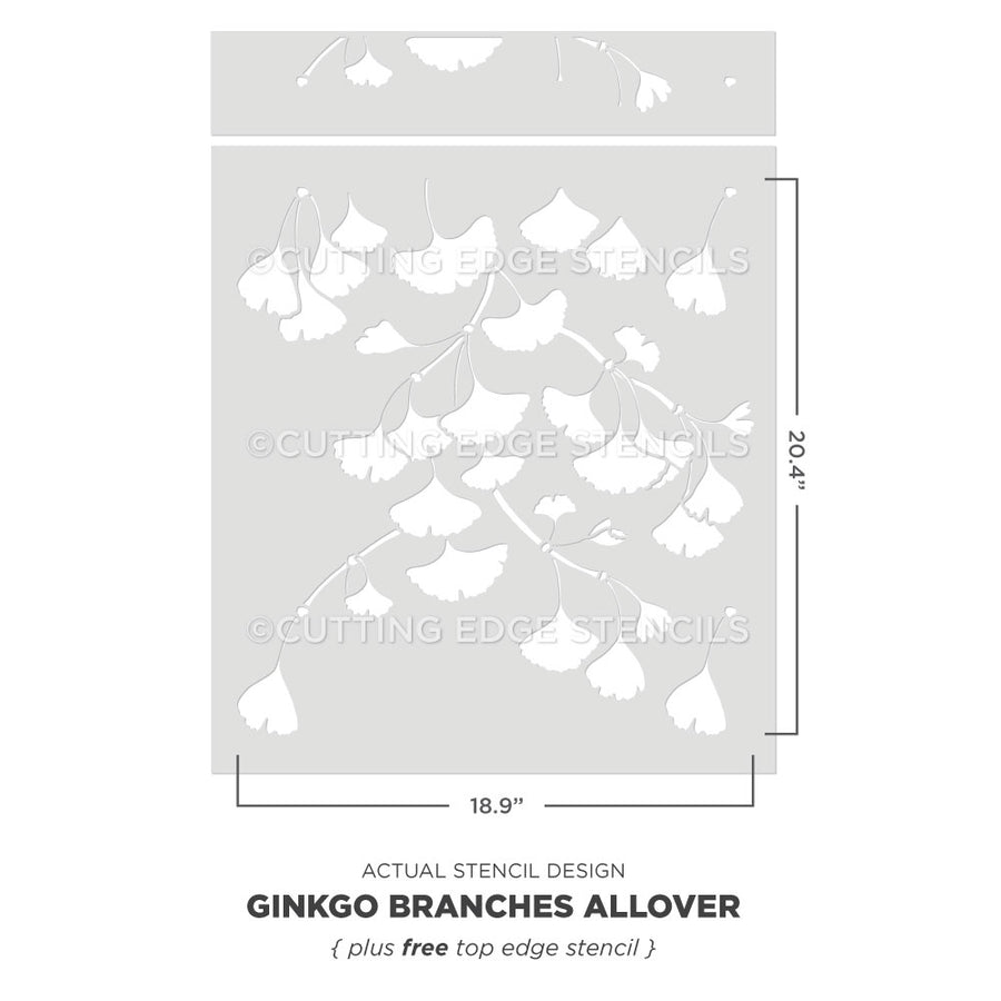 graphic with dimensions for the ginkgo branches allover stencil from cutting edge stencils