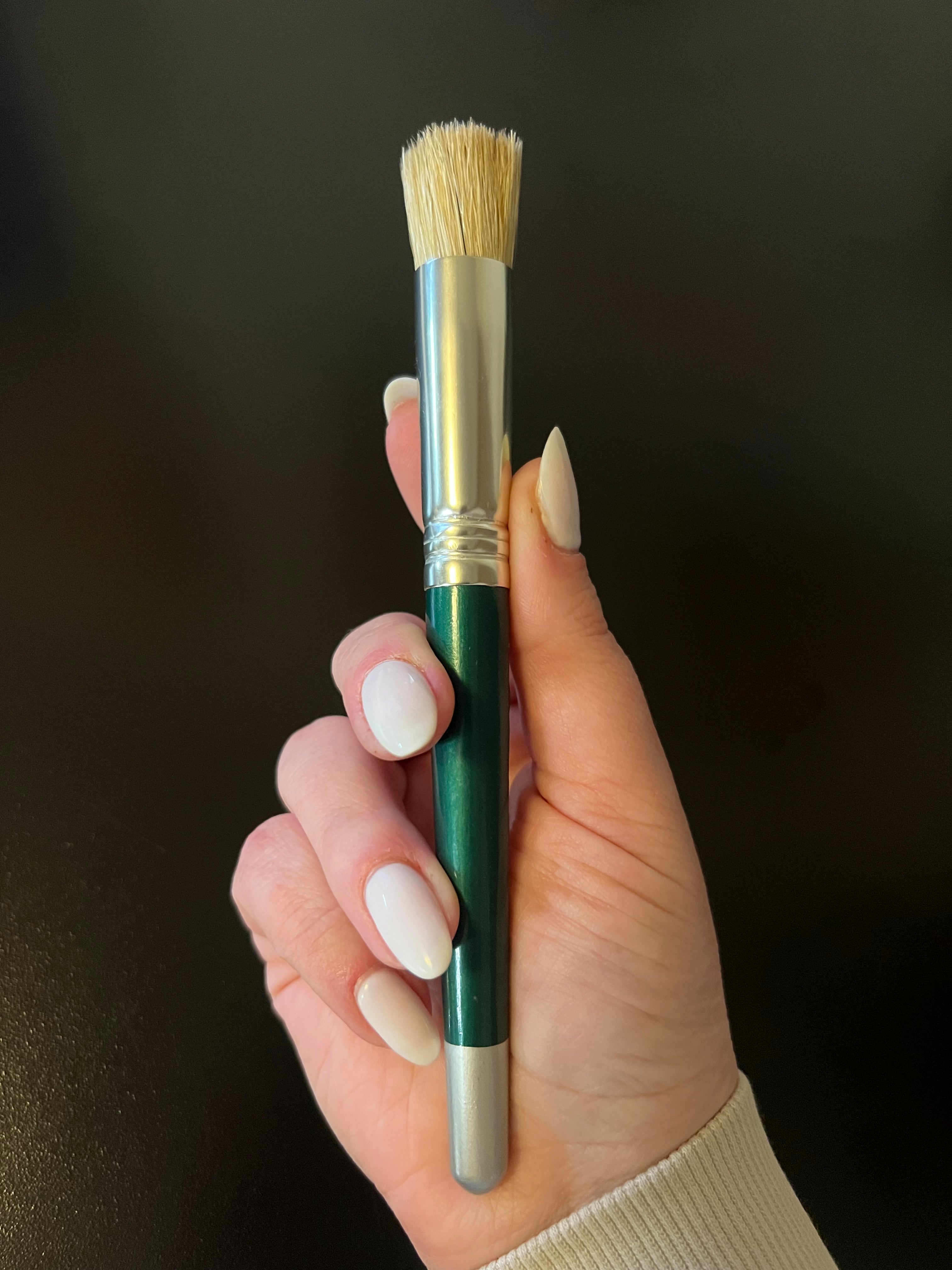 Hand holding a paint brush with a dark background