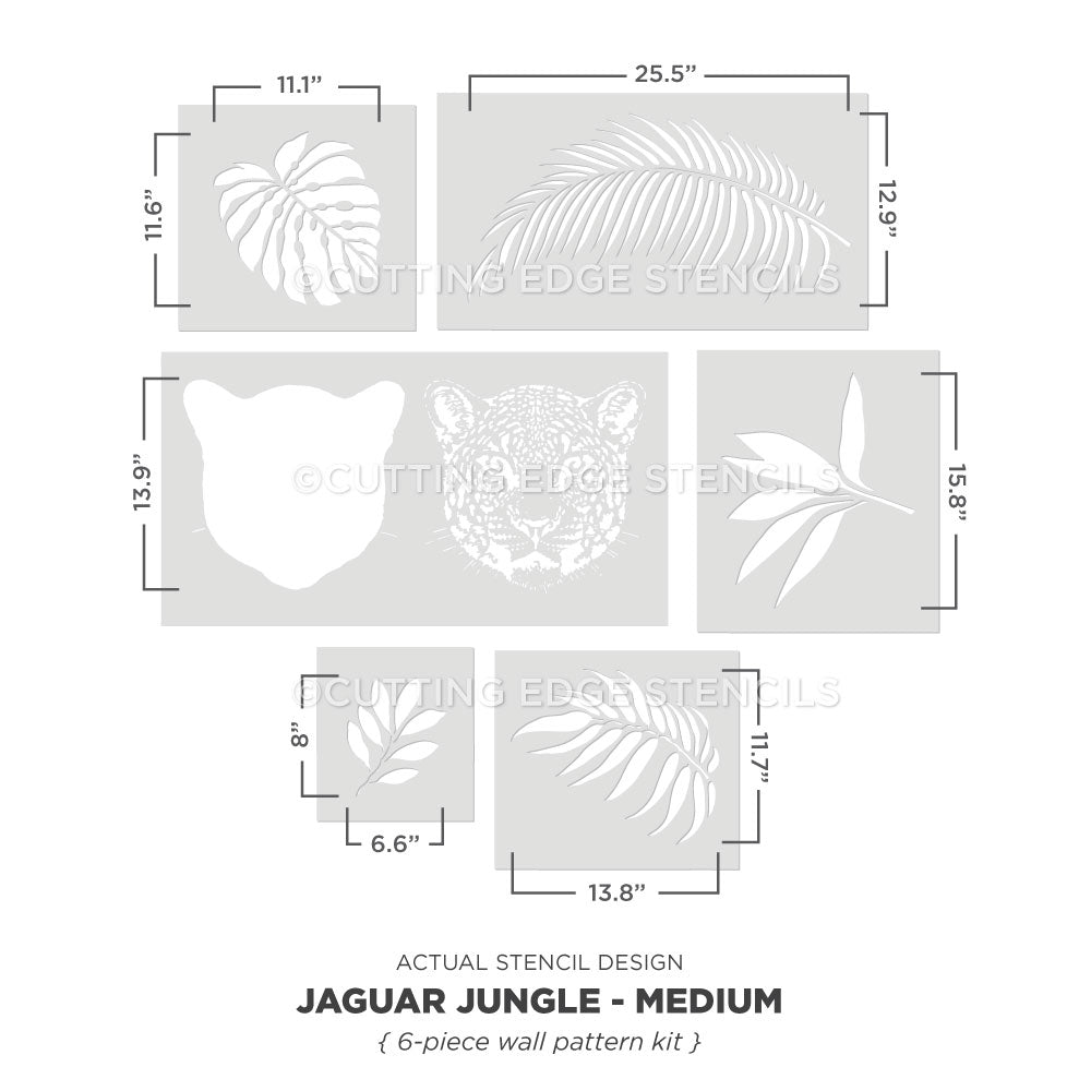 Jaguar Jungle wall pattern stencil kit with measurements on a white background