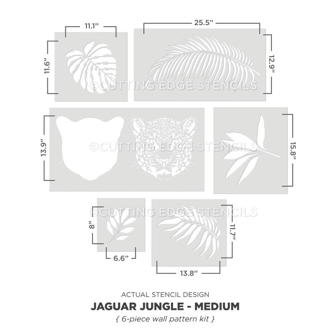 Jaguar Jungle wall pattern stencil kit with measurements on a white background