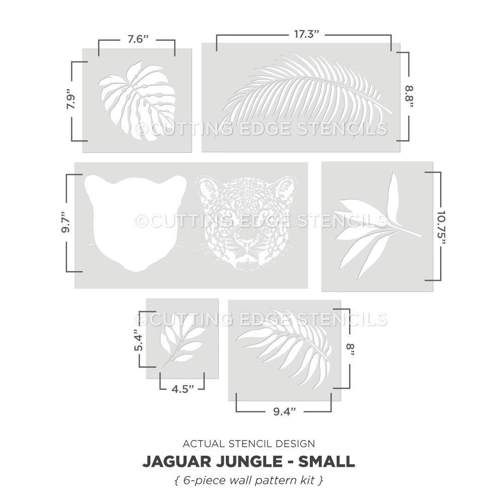 Jaguar Jungle small stencil set with dimensions on a white background