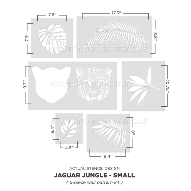 Jaguar Jungle small stencil set with dimensions on a white background