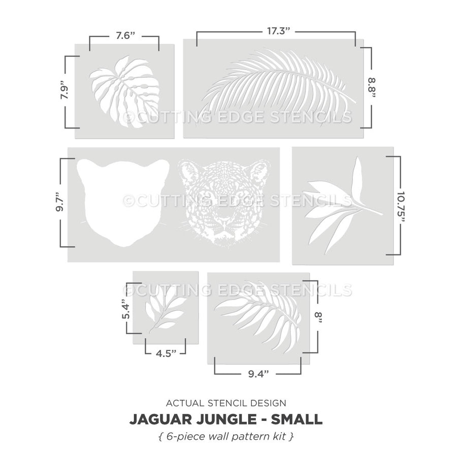 Jaguar Jungle small stencil set with dimensions on a white background
