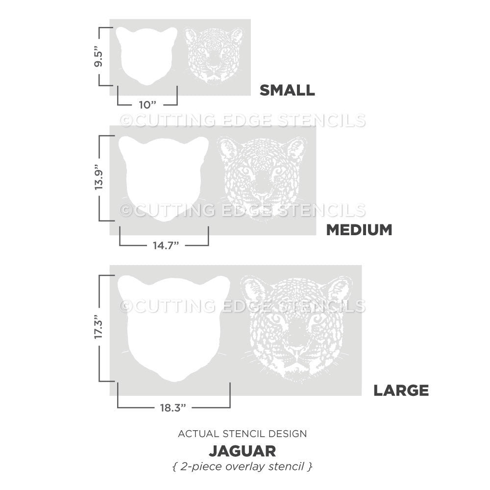 Dimensions and design of Jaguar stencils by Cutting Edge Stencils on a white background