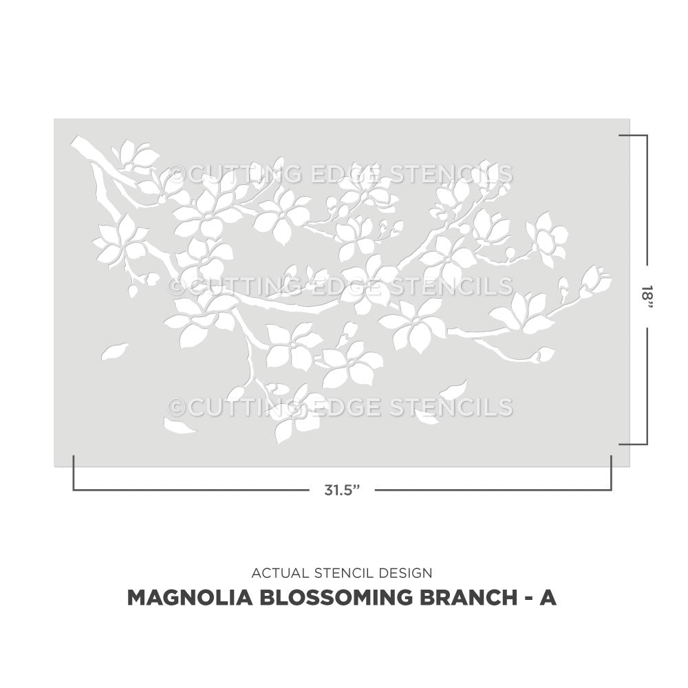 Cutting Edge Stencils magnolia blossoming branch stencil with dimensions on a white background