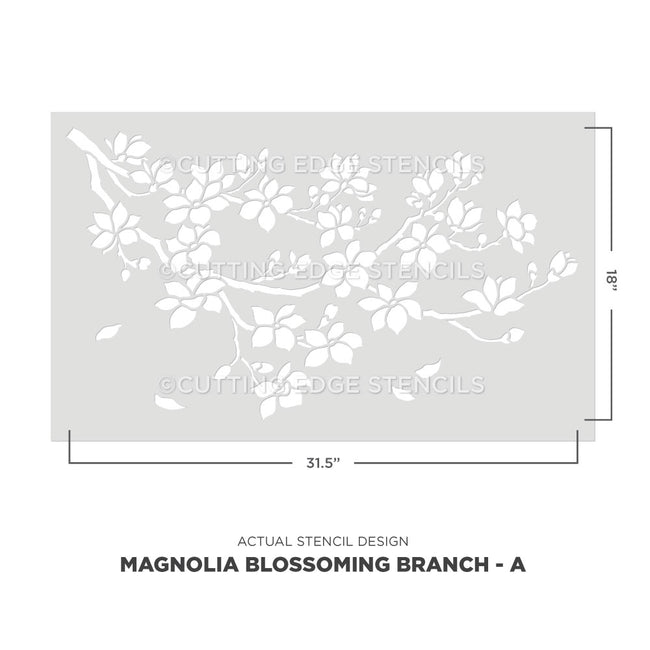 Cutting Edge Stencils magnolia blossoming branch stencil with dimensions on a white background