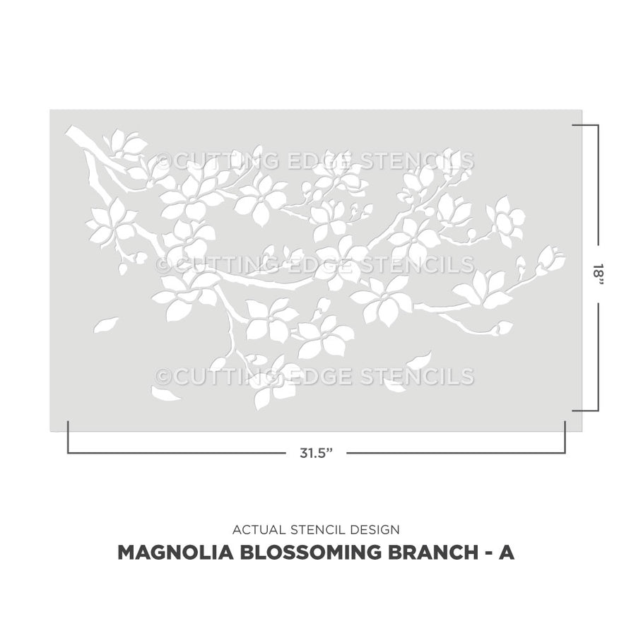 Cutting Edge Stencils magnolia blossoming branch stencil with dimensions on a white background