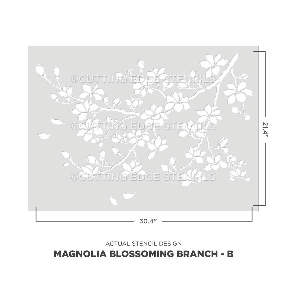 Stencil design of a magnolia blossoming branch with dimensions on a white background