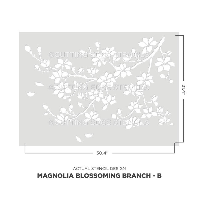 Stencil design of a magnolia blossoming branch with dimensions on a white background