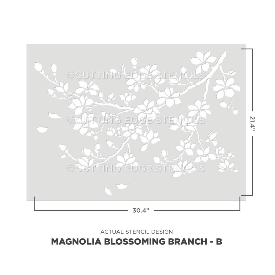 Stencil design of a magnolia blossoming branch with dimensions on a white background