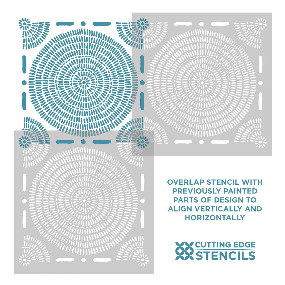 Three overlapping stencil sheets with circular and geometric cutout stencil patterns on a light gray background, with blue text reading 'OVERLAP STENCIL WITH PREVIOUSLY PAINTED PARTS OF DESIGN TO ALIGN VERTICALLY AND HORIZONTALLY' and the Cutting Edge Stencils logo.
