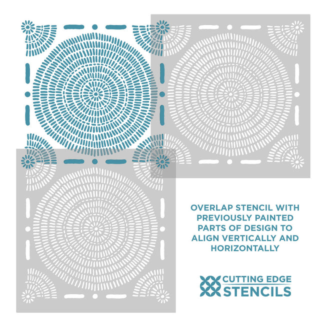 Three overlapping stencil sheets with circular and geometric cutout stencil patterns on a light gray background, with blue text reading 'OVERLAP STENCIL WITH PREVIOUSLY PAINTED PARTS OF DESIGN TO ALIGN VERTICALLY AND HORIZONTALLY' and the Cutting Edge Stencils logo.