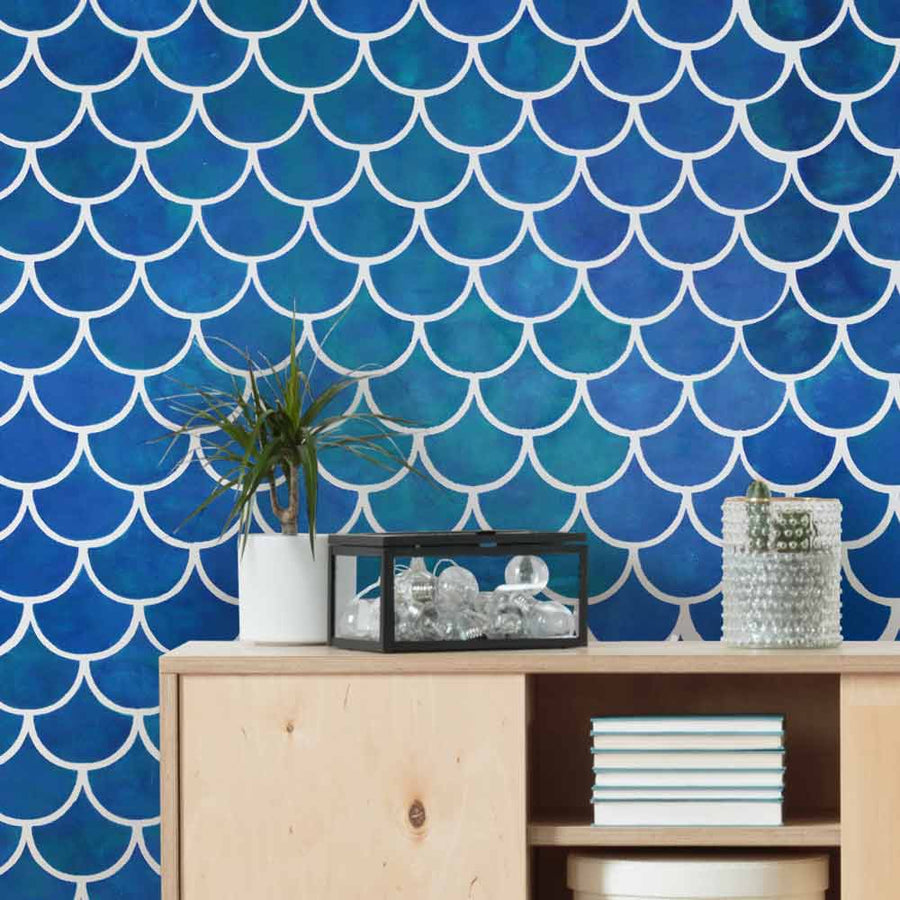 Moroccan Fish Scale Stenciled Scallop Watercolor Wall