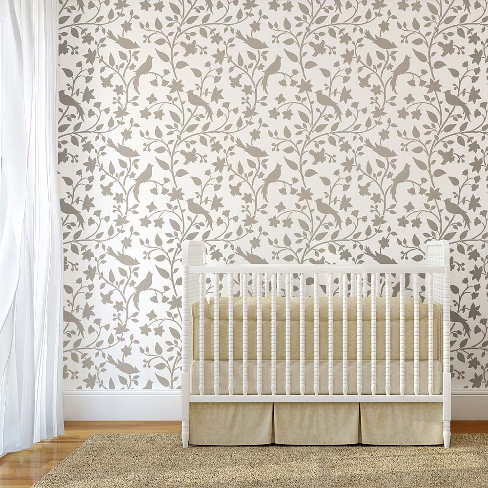 Wall Stencil With Birds and Vines - Elegant Stencils for DIY Accent Walls