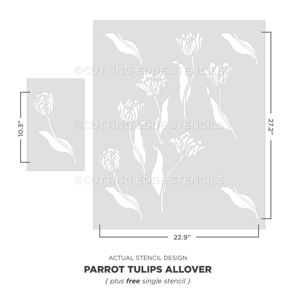 Parrot Tulips Allover stencil by Cutting Edge Stencils with dimensions and brand name.