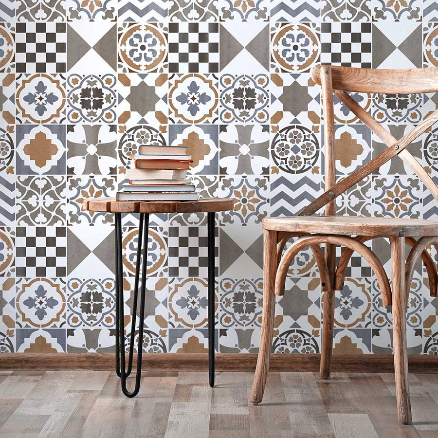 patchwork tile stencils on wall